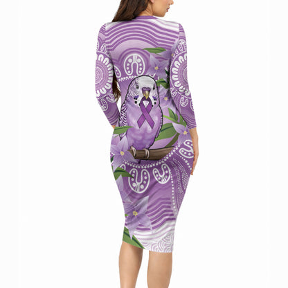 Epilepsy Support Budgerigar Australia Long Sleeve Bodycon Dress Budgie Purple Ribbon Boronia Aboriginal