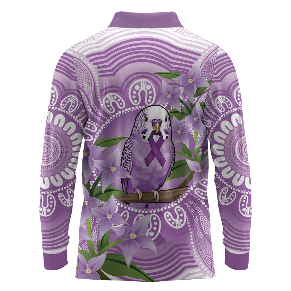 Epilepsy Support Budgerigar Australia Long Sleeve Polo Shirt Budgie Purple Ribbon Boronia Aboriginal