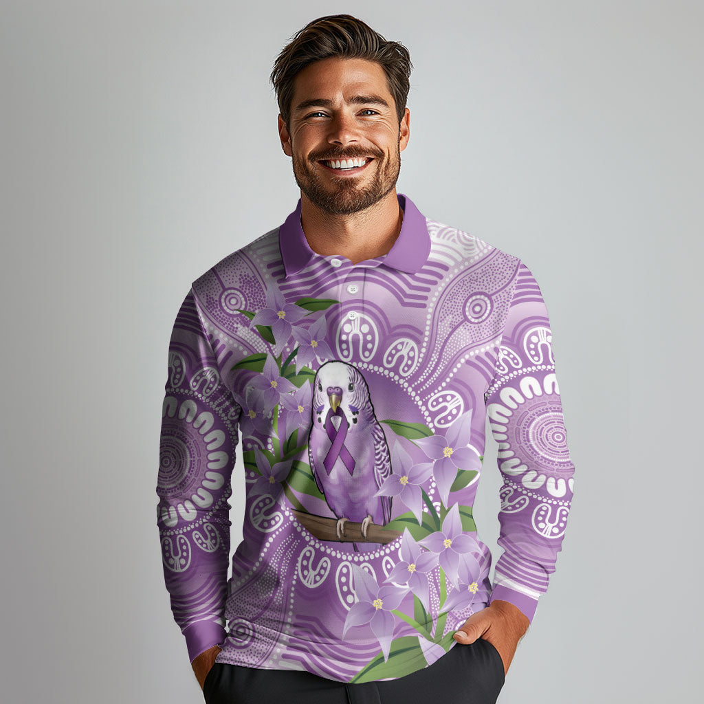 Epilepsy Support Budgerigar Australia Long Sleeve Polo Shirt Budgie Purple Ribbon Boronia Aboriginal