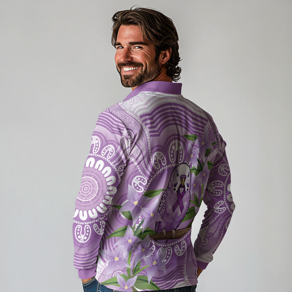 Epilepsy Support Budgerigar Australia Long Sleeve Polo Shirt Budgie Purple Ribbon Boronia Aboriginal