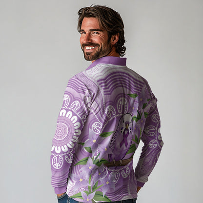 Epilepsy Support Budgerigar Australia Long Sleeve Polo Shirt Budgie Purple Ribbon Boronia Aboriginal