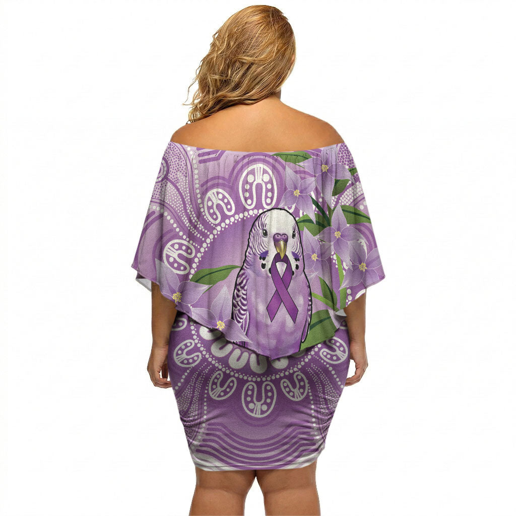 Epilepsy Support Budgerigar Australia Off Shoulder Short Dress Budgie Purple Ribbon Boronia Aboriginal