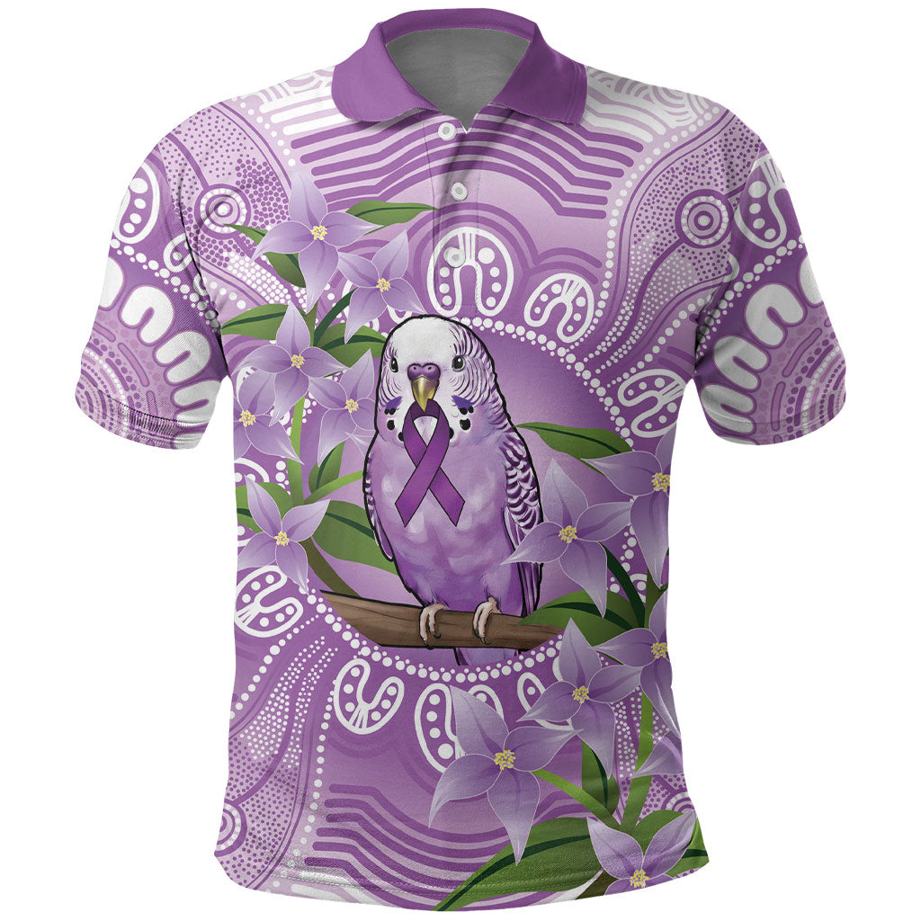 Epilepsy Support Budgerigar Australia Polo Shirt Budgie Purple Ribbon Boronia Aboriginal
