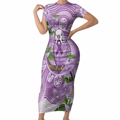 Epilepsy Support Budgerigar Australia Short Sleeve Bodycon Dress Budgie Purple Ribbon Boronia Aboriginal