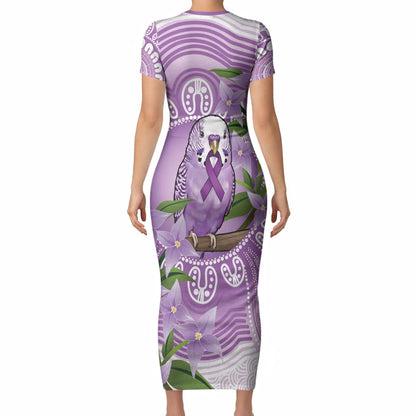 Epilepsy Support Budgerigar Australia Short Sleeve Bodycon Dress Budgie Purple Ribbon Boronia Aboriginal