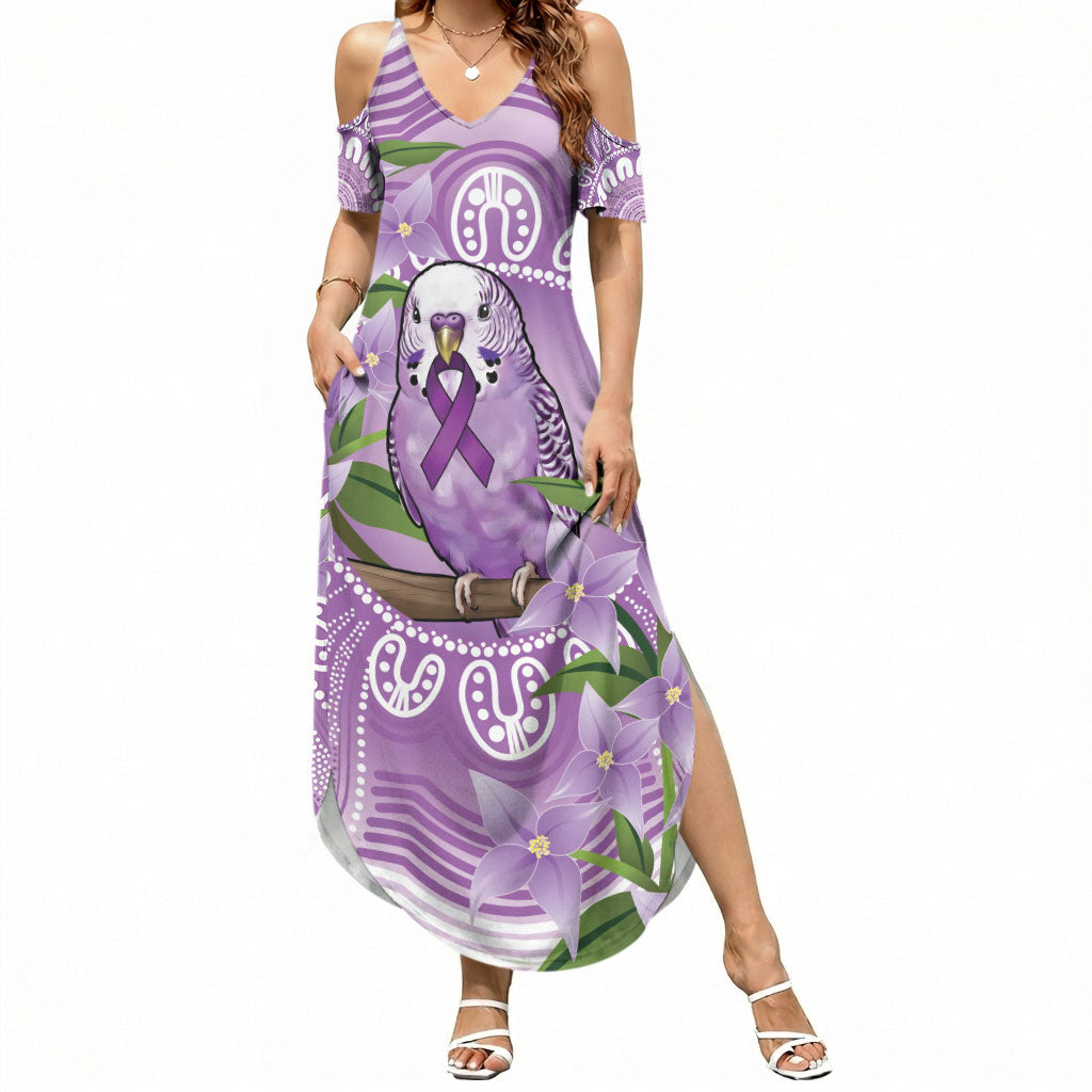 Epilepsy Support Budgerigar Australia Summer Maxi Dress Budgie Purple Ribbon Boronia Aboriginal
