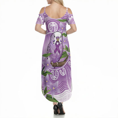Epilepsy Support Budgerigar Australia Summer Maxi Dress Budgie Purple Ribbon Boronia Aboriginal