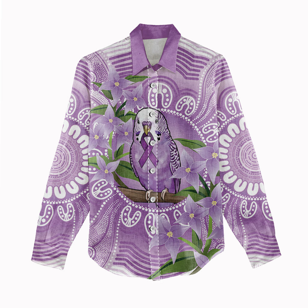 Epilepsy Support Budgerigar Australia Women Casual Shirt Budgie Purple Ribbon Boronia Aboriginal