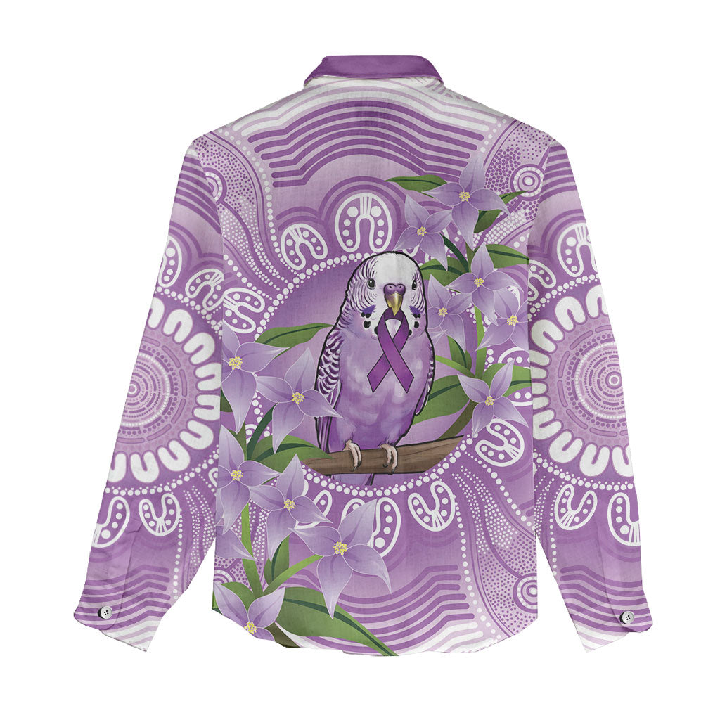 Epilepsy Support Budgerigar Australia Women Casual Shirt Budgie Purple Ribbon Boronia Aboriginal