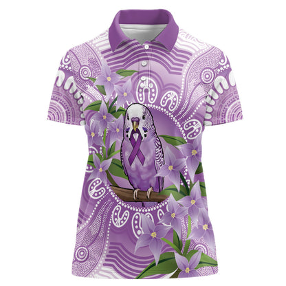 Epilepsy Support Budgerigar Australia Women Polo Shirt Budgie Purple Ribbon Boronia Aboriginal