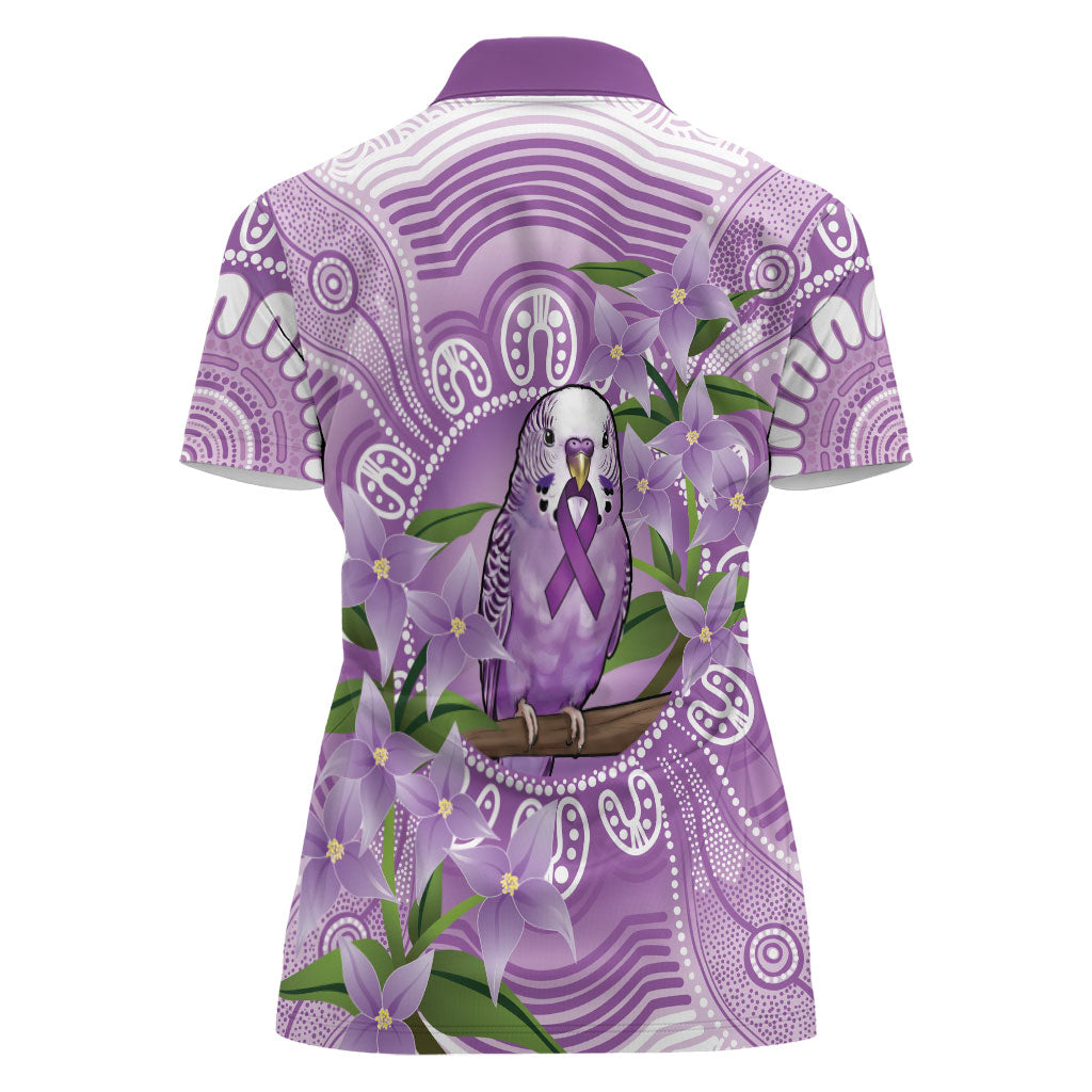 Epilepsy Support Budgerigar Australia Women Polo Shirt Budgie Purple Ribbon Boronia Aboriginal