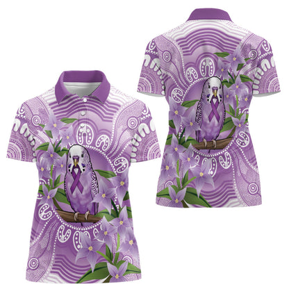 Epilepsy Support Budgerigar Australia Women Polo Shirt Budgie Purple Ribbon Boronia Aboriginal