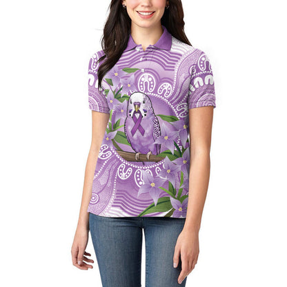 Epilepsy Support Budgerigar Australia Women Polo Shirt Budgie Purple Ribbon Boronia Aboriginal