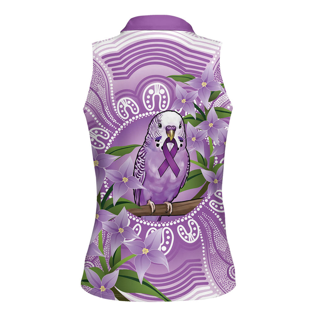 Epilepsy Support Budgerigar Australia Women Sleeveless Polo Shirt Budgie Purple Ribbon Boronia Aboriginal