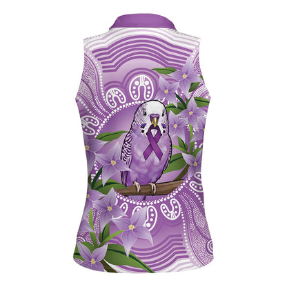 Epilepsy Support Budgerigar Australia Women Sleeveless Polo Shirt Budgie Purple Ribbon Boronia Aboriginal