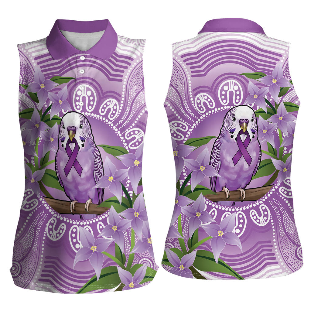 Epilepsy Support Budgerigar Australia Women Sleeveless Polo Shirt Budgie Purple Ribbon Boronia Aboriginal