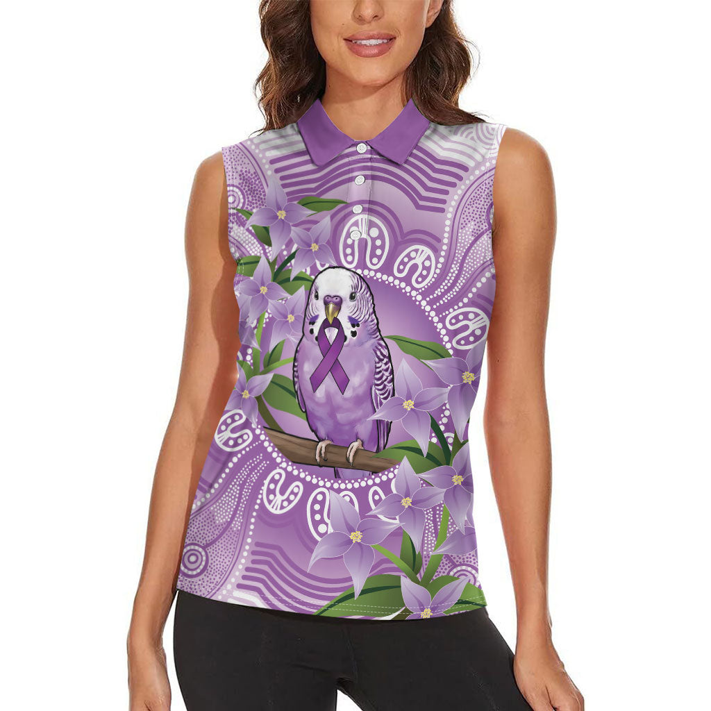 Epilepsy Support Budgerigar Australia Women Sleeveless Polo Shirt Budgie Purple Ribbon Boronia Aboriginal