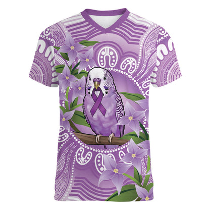 Epilepsy Support Budgerigar Australia Women V-Neck T-Shirt Budgie Purple Ribbon Boronia Aboriginal