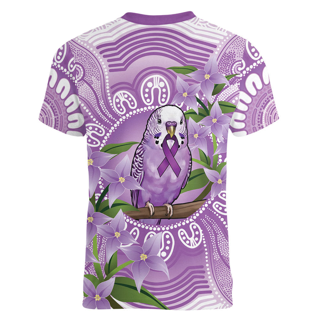 Epilepsy Support Budgerigar Australia Women V-Neck T-Shirt Budgie Purple Ribbon Boronia Aboriginal
