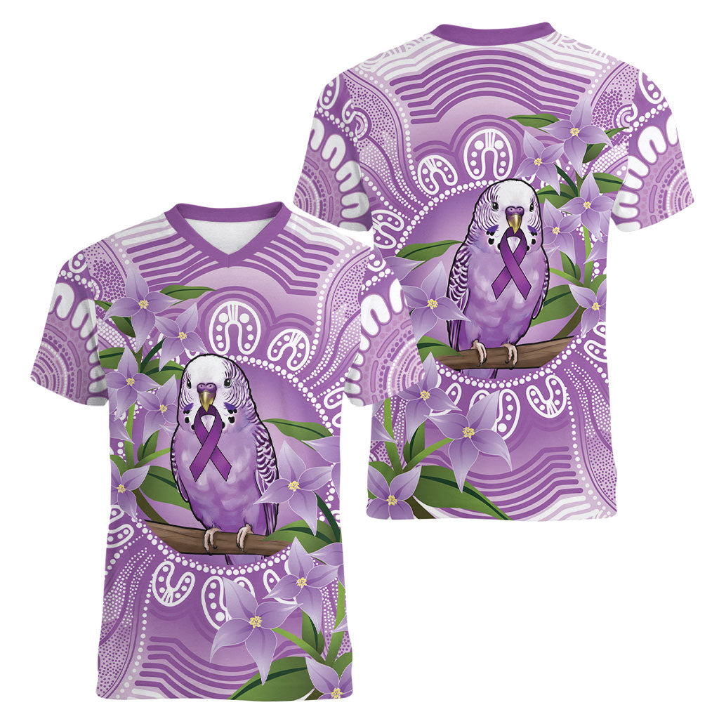 Epilepsy Support Budgerigar Australia Women V-Neck T-Shirt Budgie Purple Ribbon Boronia Aboriginal