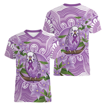 Epilepsy Support Budgerigar Australia Women V-Neck T-Shirt Budgie Purple Ribbon Boronia Aboriginal