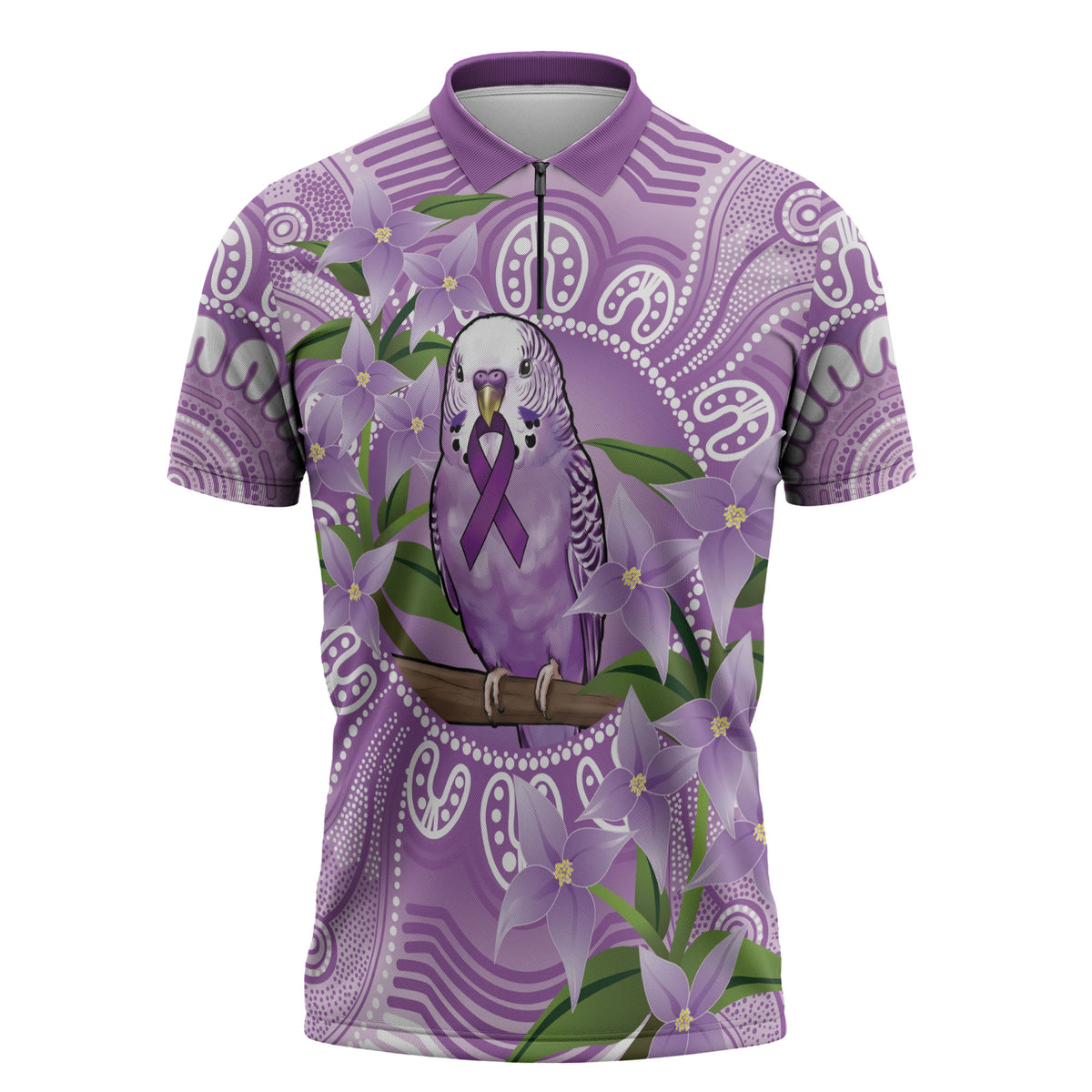 Epilepsy Support Budgerigar Australia Zipper Polo Shirt Budgie Purple Ribbon Boronia Aboriginal