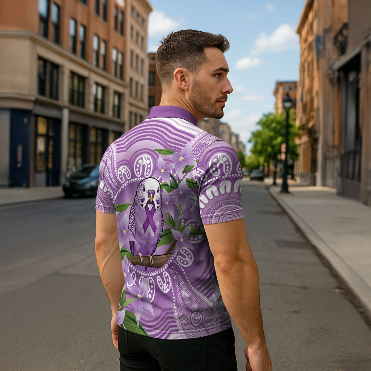 Epilepsy Support Budgerigar Australia Zipper Polo Shirt Budgie Purple Ribbon Boronia Aboriginal