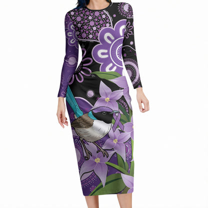 Australia Epilepsy Support Long Sleeve Bodycon Dress Purple-crowned Fairywren Boronia Aboriginal