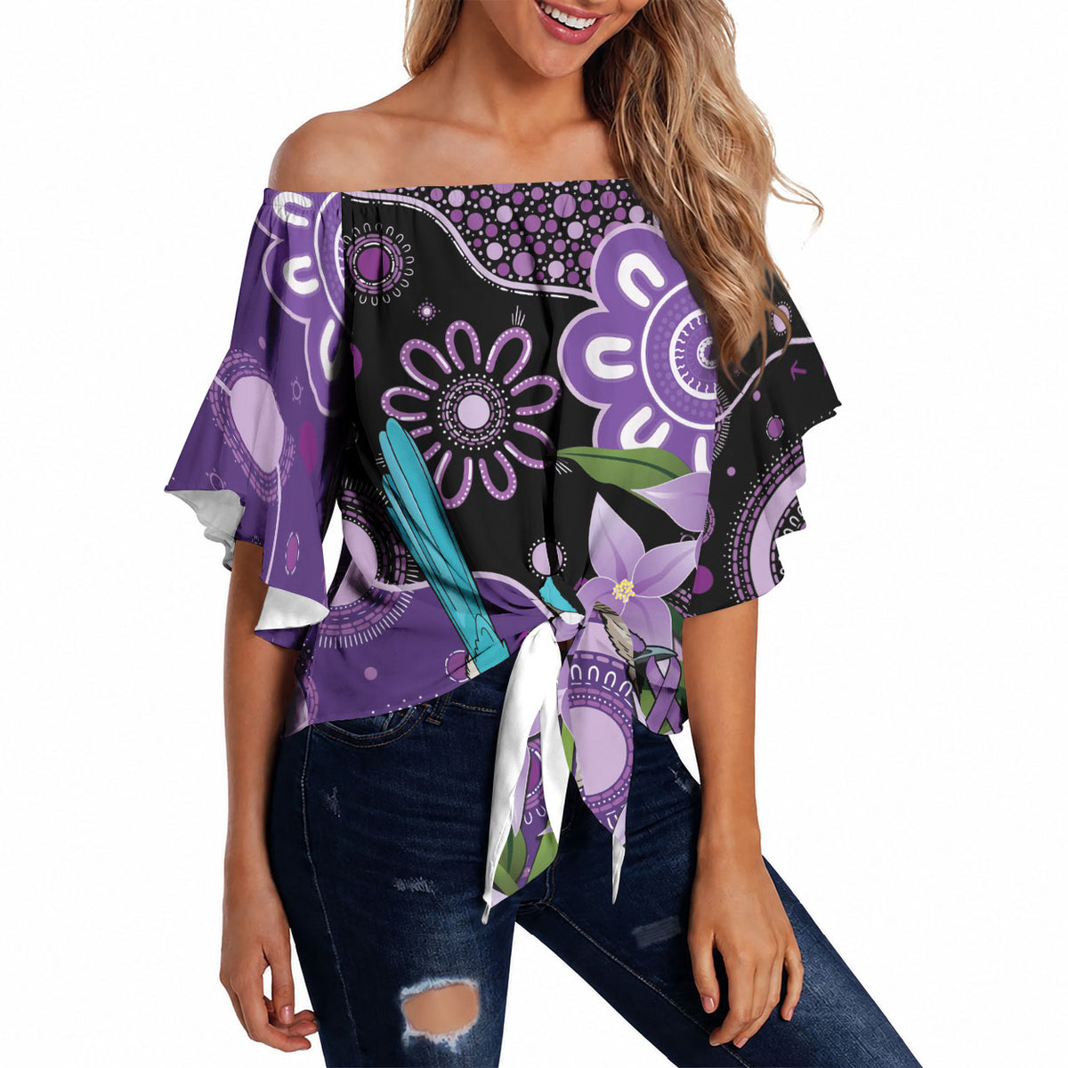 Australia Epilepsy Support Off Shoulder Wrap Waist Top Purple-crowned Fairywren Boronia Aboriginal