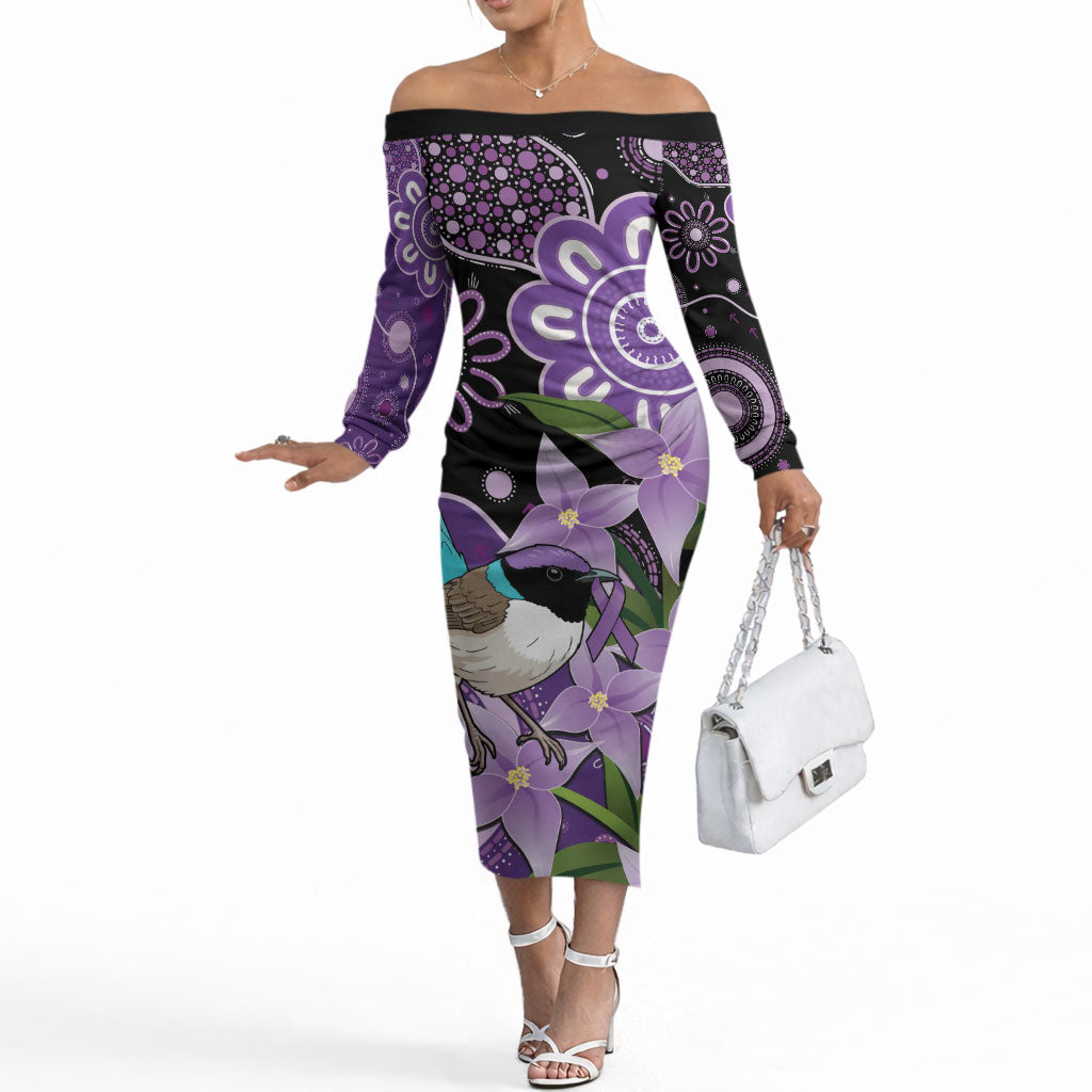 Australia Epilepsy Support Off The Shoulder Long Sleeve Dress Purple-crowned Fairywren Boronia Aboriginal