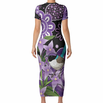 Australia Epilepsy Support Short Sleeve Bodycon Dress Purple-crowned Fairywren Boronia Aboriginal