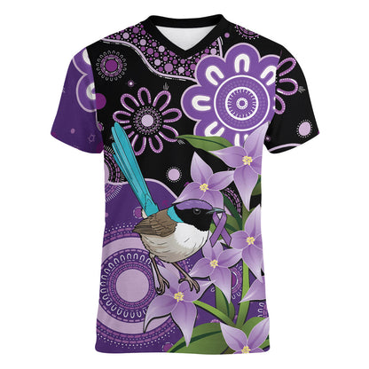 Australia Epilepsy Support Women V-Neck T-Shirt Purple-crowned Fairywren Boronia Aboriginal