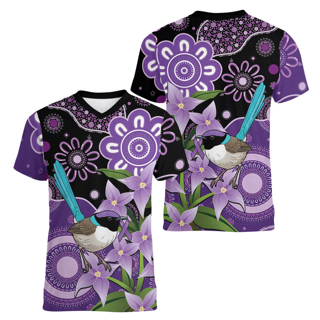Australia Epilepsy Support Women V-Neck T-Shirt Purple-crowned Fairywren Boronia Aboriginal