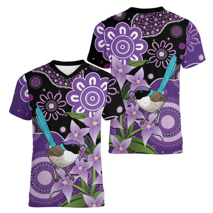 Australia Epilepsy Support Women V-Neck T-Shirt Purple-crowned Fairywren Boronia Aboriginal