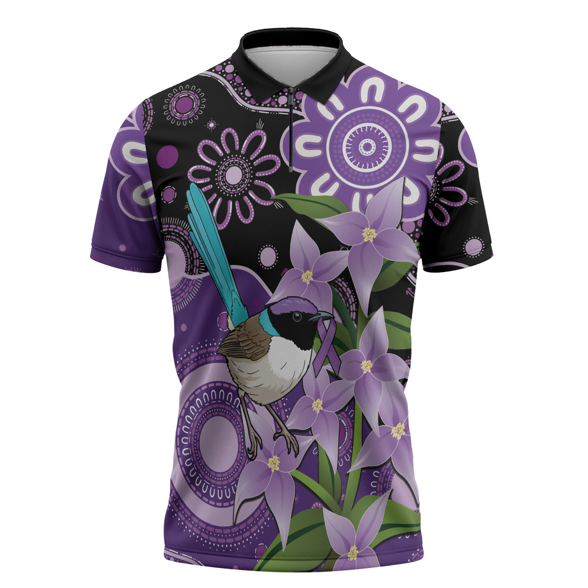 Australia Epilepsy Support Zipper Polo Shirt Purple-crowned Fairywren Boronia Aboriginal