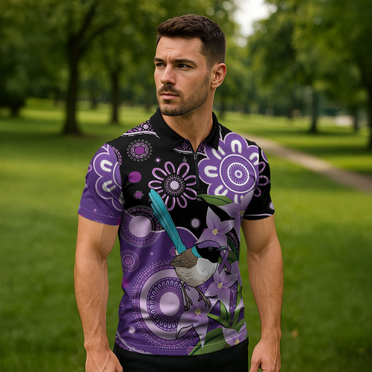 Australia Epilepsy Support Zipper Polo Shirt Purple-crowned Fairywren Boronia Aboriginal