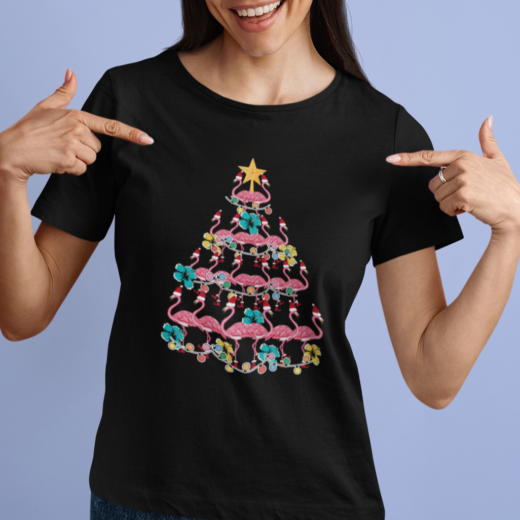 cute-pink-flamingo-christmas-tree-with-hibiscus-merry-xmas-t-shirt
