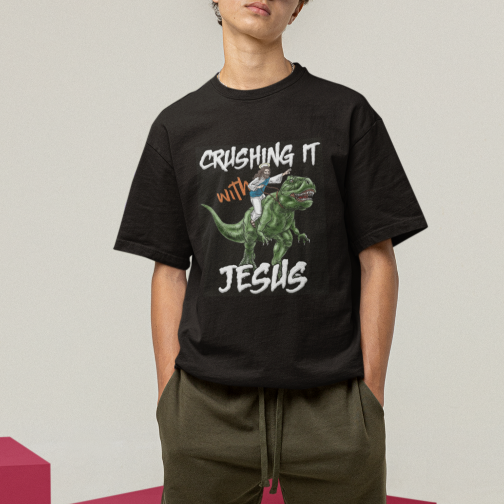crushing-it-with-jesus-t-shirt-funny-riding-dinosaur