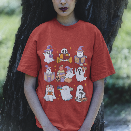 halloween-reading-t-shirt-reading-books-boo-sheet-ghosts-teacher-librarian