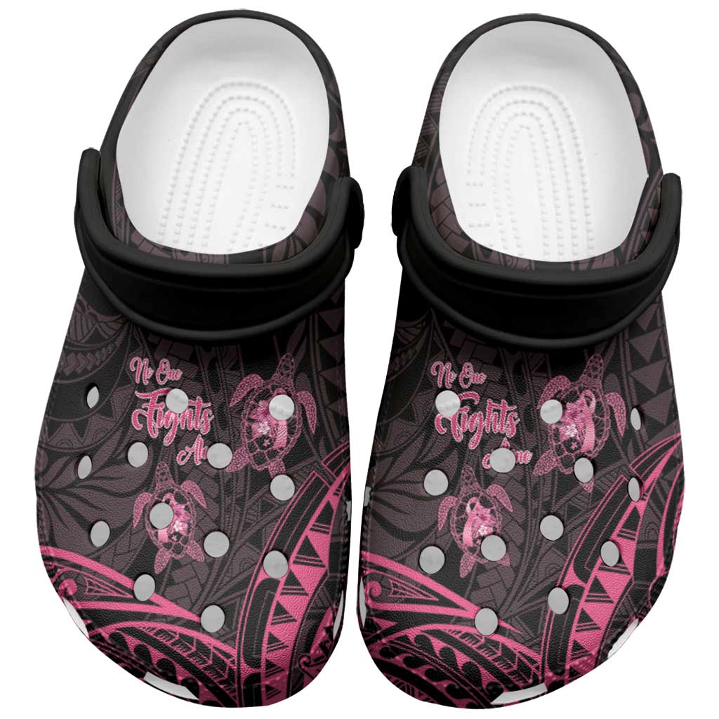 Polynesia Breast Cancer Support Clogs Shoes No One Fights Alone Turtle Ribbon Black
