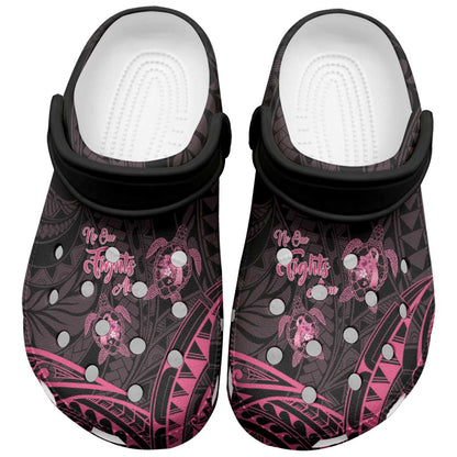 Polynesia Breast Cancer Support Clogs Shoes No One Fights Alone Turtle Ribbon Black