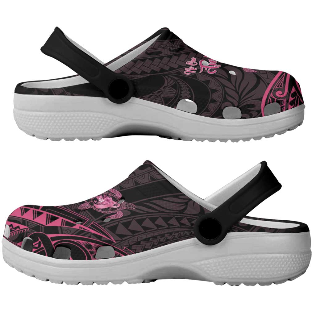 Polynesia Breast Cancer Support Clogs Shoes No One Fights Alone Turtle Ribbon Black
