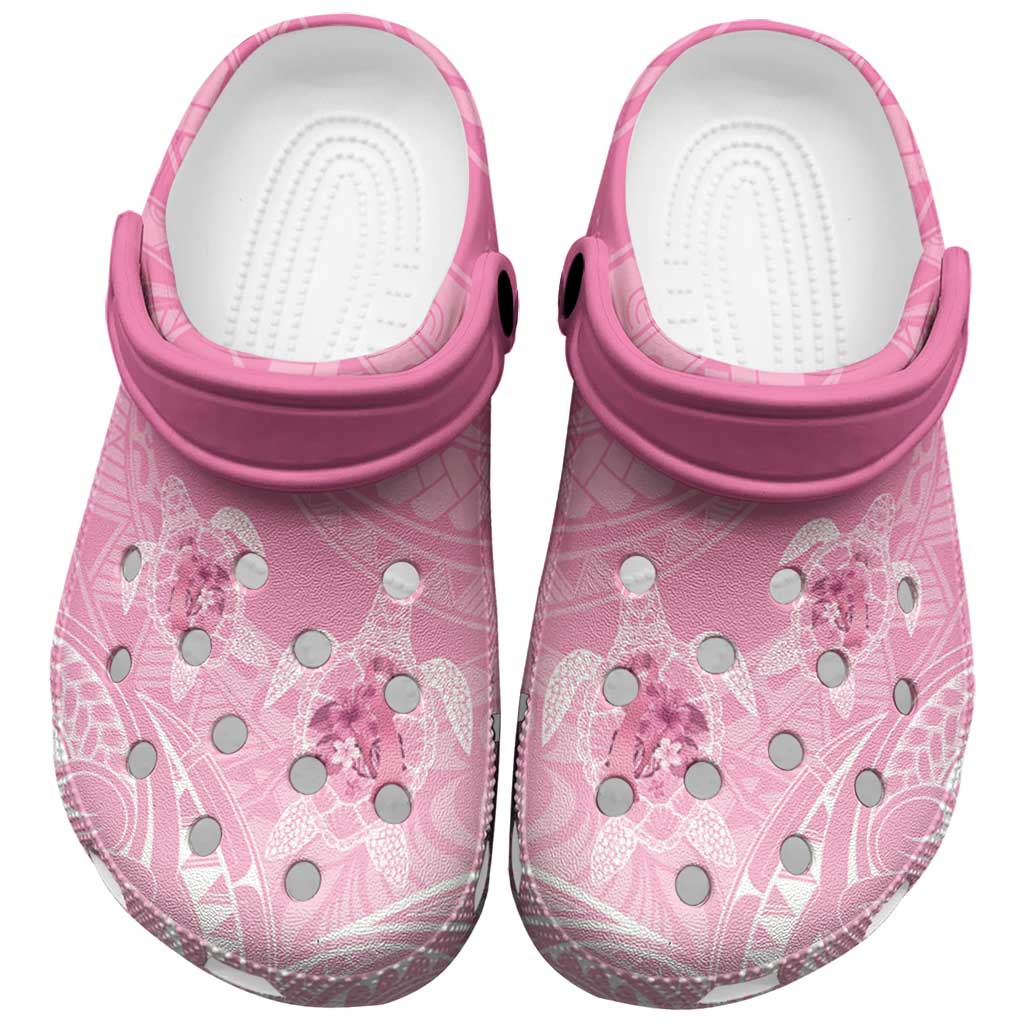 Polynesia Breast Cancer Support Clogs Shoes No One Fights Alone Turtle Ribbon Pink