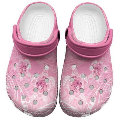 Polynesia Breast Cancer Support Clogs Shoes No One Fights Alone Turtle Ribbon Pink