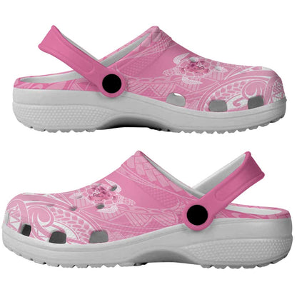 Polynesia Breast Cancer Support Clogs Shoes No One Fights Alone Turtle Ribbon Pink