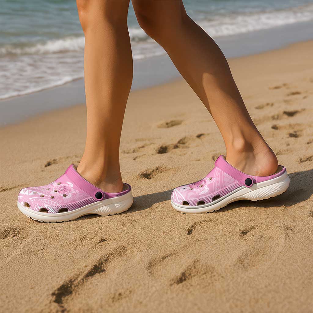 Polynesia Breast Cancer Support Clogs Shoes No One Fights Alone Turtle Ribbon Pink