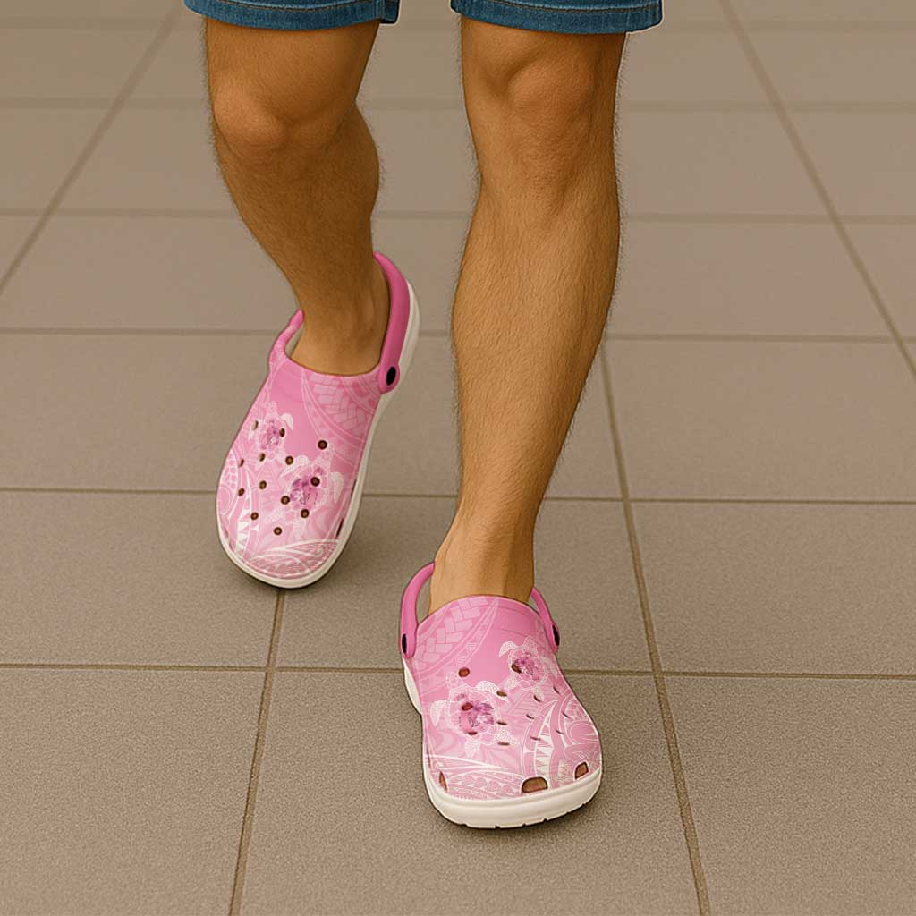 Polynesia Breast Cancer Support Clogs Shoes No One Fights Alone Turtle Ribbon Pink