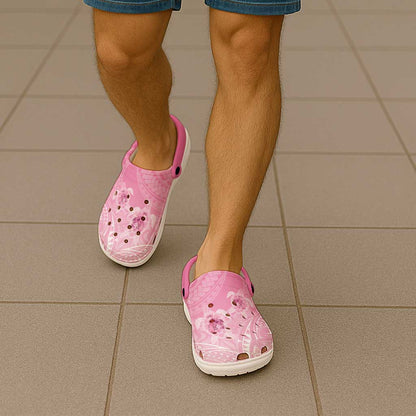 Polynesia Breast Cancer Support Clogs Shoes No One Fights Alone Turtle Ribbon Pink