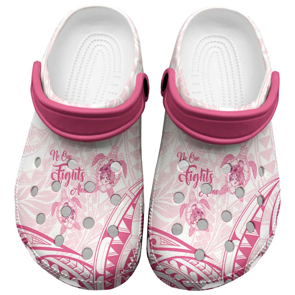 Polynesia Breast Cancer Support Clogs Shoes No One Fights Alone Turtle Ribbon White