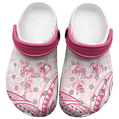 Polynesia Breast Cancer Support Clogs Shoes No One Fights Alone Turtle Ribbon White
